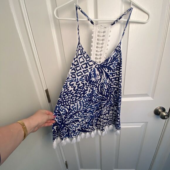 Lilly Pulitzer Top Womens Size XS Silk Dusk Tank Cami Eyelet Racerback Tassel - Picture 2 of 7